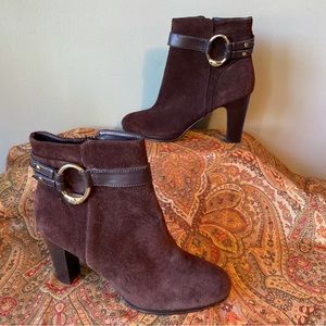 Ralph Lauren Myla Brown Suede Leather Gold Ring Ankle Strap Heeled Boots
